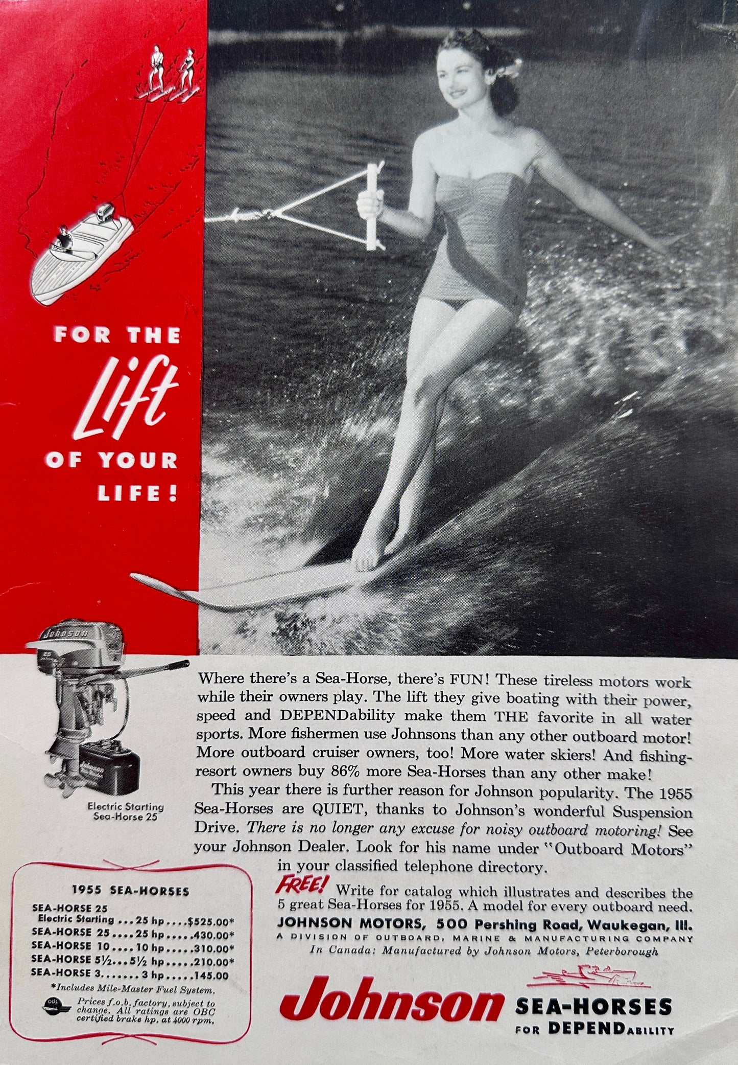 1955 Johnson Outboard Motors - Water Skiing with the Sea-Horse 25 Vintage Ad N510