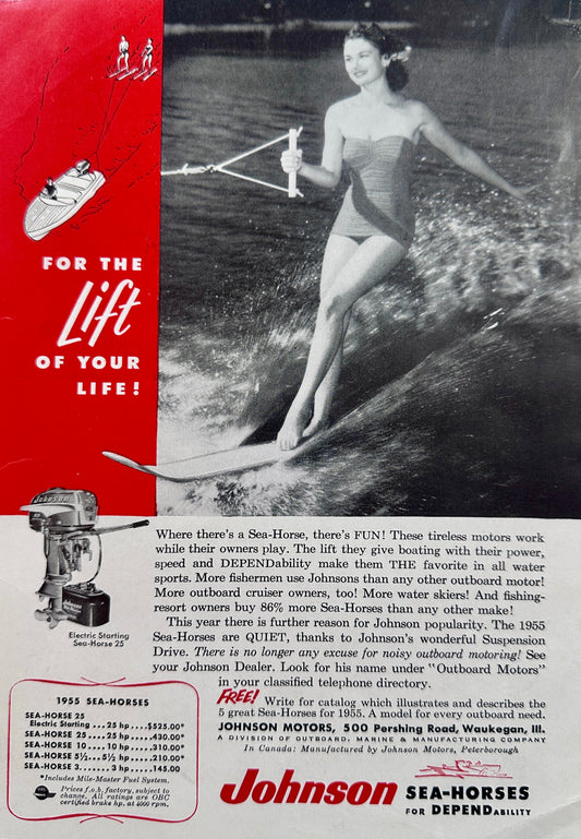 1955 Johnson Outboard Motors - Water Skiing with the Sea-Horse 25 Vintage Ad N510