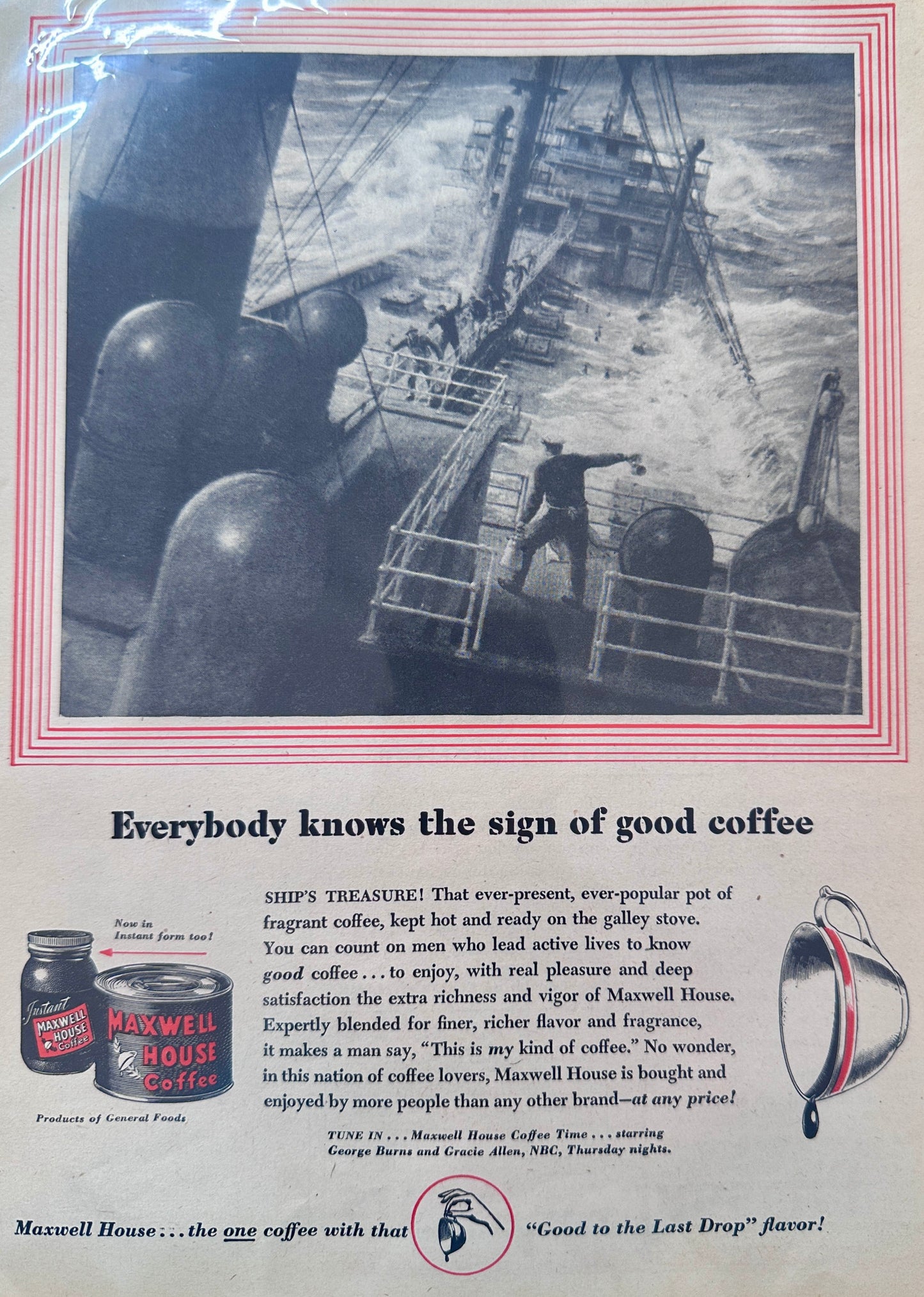 1949 Maxwell House Coffee Out to Sea on an Ocean Freighter Vintage Ad N612