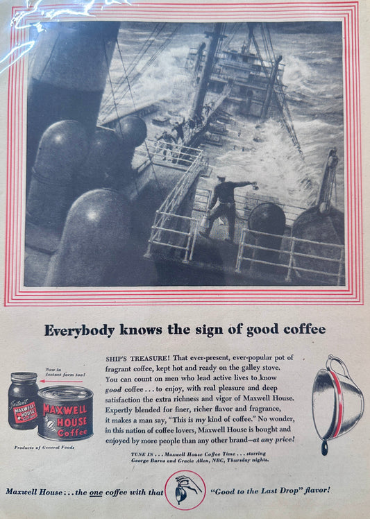 1949 Maxwell House Coffee Out to Sea on an Ocean Freighter Vintage Ad N612