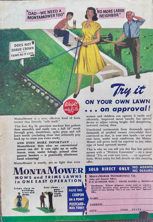 1951 Unique Monta Mower Lightweight Wide Push Mower - Vintage Ad