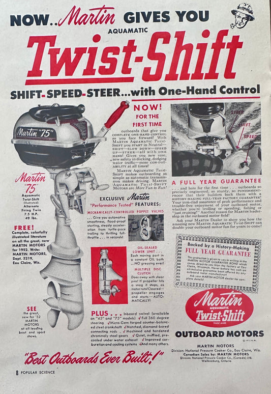 1952 Martin Aquamatic Twist-Shift Outboard Motors Vintage Ad N594