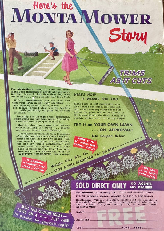 1952 Monta Mower Story - Grand Rapids, MI Trims as it Cuts Vintage Ad