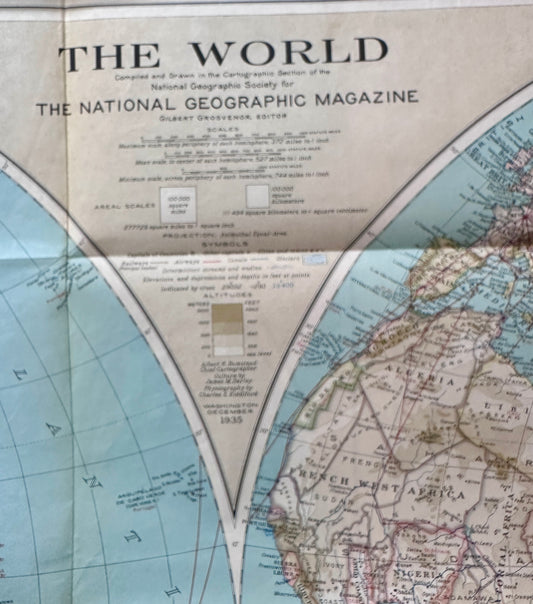 1935 Vintage Printed Full Size National Geographic World Map N591