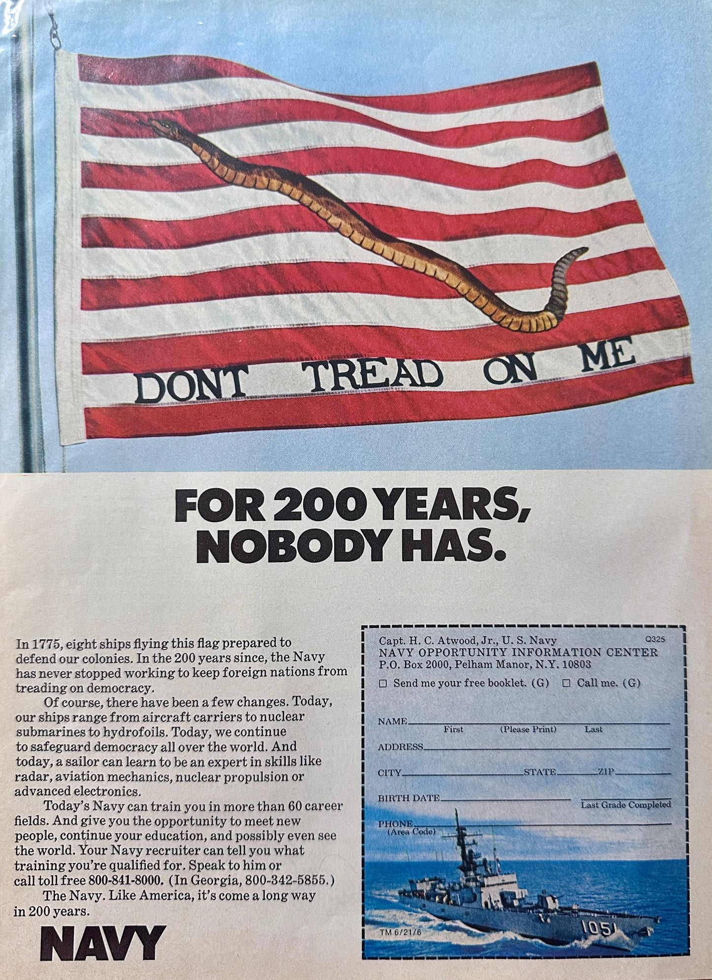 1976 Navy Recruitment Ad - Don't Tread on Me - Classic N733