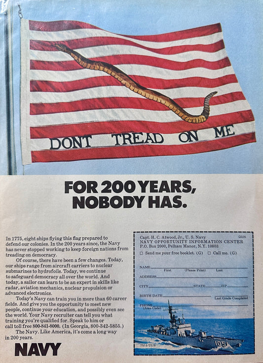 1976 Navy Recruitment Ad - Don't Tread on Me - Classic N733