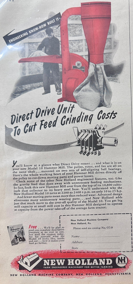1948 New Holland Model 10 Hammer Mill with Direct Drive Vintage Ad N722