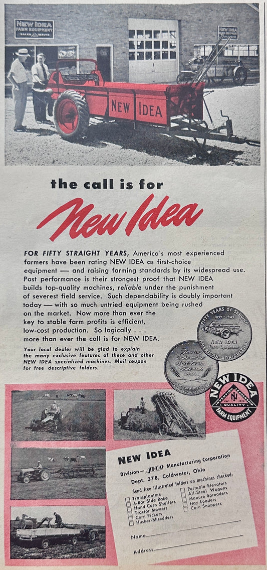 1949 New Idea Farm Equipment Coldwater Ohio Manure Spreader Vintage Ad N705
