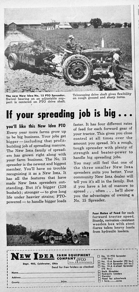 1953 New Idea PTO Manure Spreader for Large Jobs Vintage Ad N704