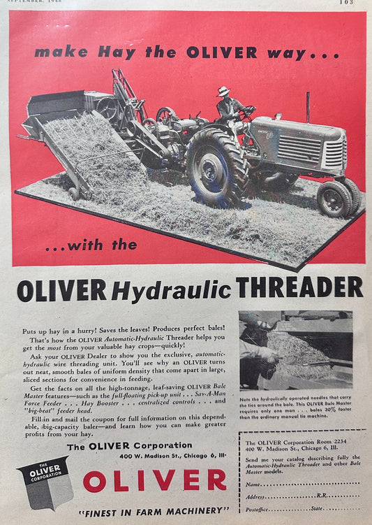 1948 Oliver Hydraulic Threader to Make Hay the Oliver Way Vintage Ad N744