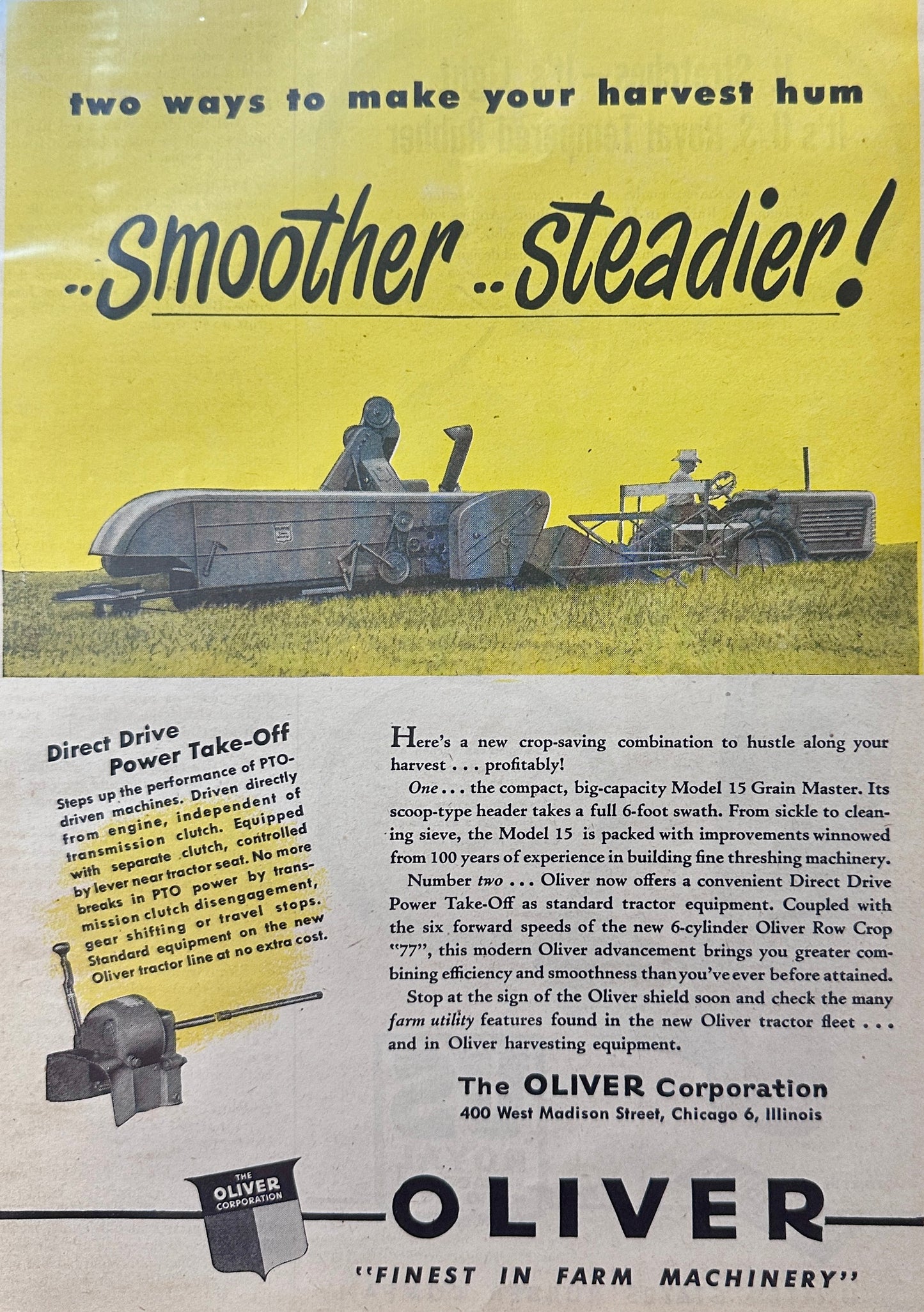 1949 Oliver Model 15 Grain Master + Oliver Row Crop "77" with PTO Vintage Ad N747