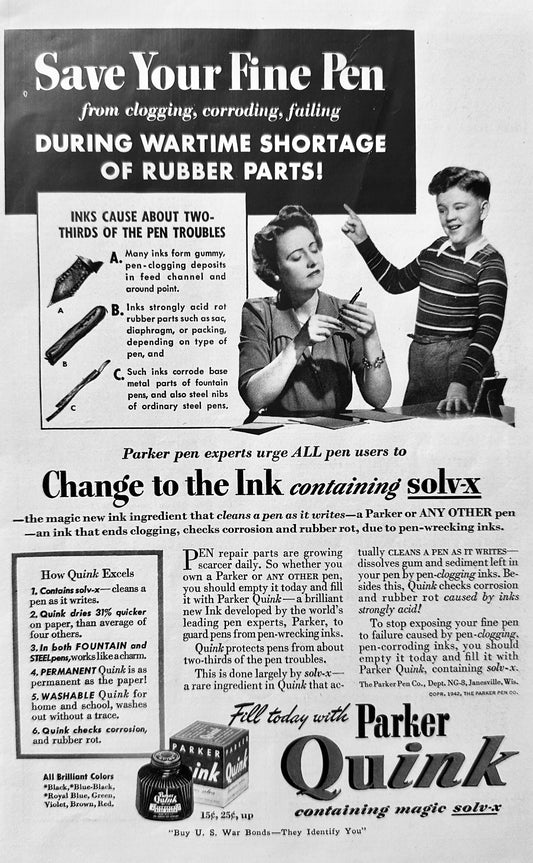 1942 Parker Quink The Ink that Contains Solv-X Cleans as It Writes N759
