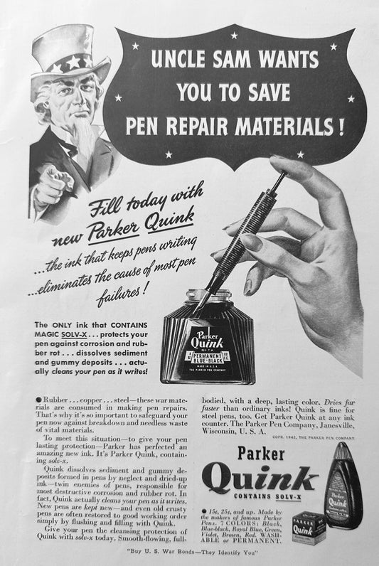 1947 Parker Pen Quink Ink - Uncle Sam Says Save Pen Repair Materials Ad N770