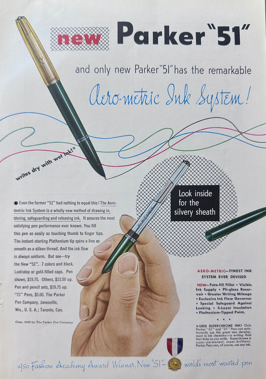 1950 Parker "51" Aero-metric Ink System  & Movado Calendomatic Watch Vintage Ad N771