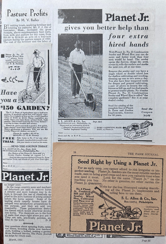 1924, 1931 & 1932 Partial page ads for the Planet Junior Seeders N788