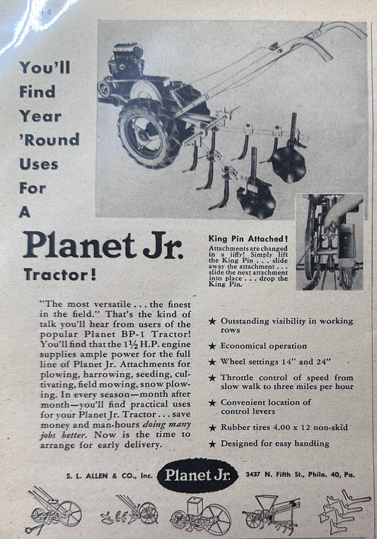 1949 Planet Jr. BP-1 Tractor Year Round Uses Vintage Ad N790