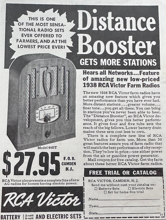 1937 Victor Farm Radios - Low priced Model 84BT Vintage Ad