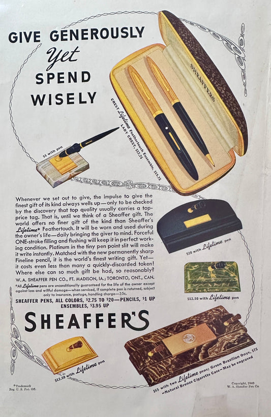 1940 Sheaffer's Lifetime Feathertouch trademarked pen ensembles
