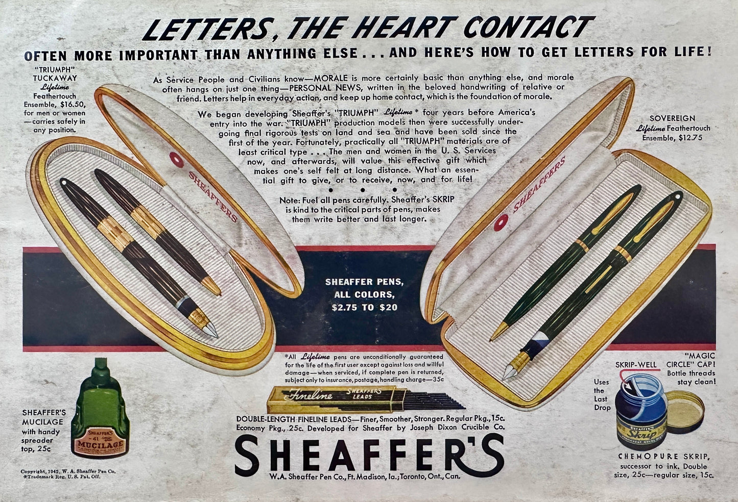 1947 Sheaffer Triumph and Sovereign Pen Ensembles Vintage Ad