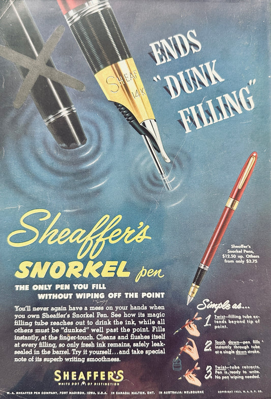 1953 Sheaffer's Snorkel pen Ends Dunk Filling Vintage Ad N848