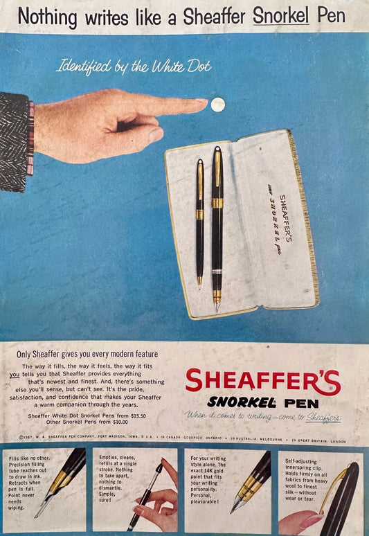1957 Sheaffer's Nothing writes like a Sheaffer Snorkel Pen Vintage Ad N850