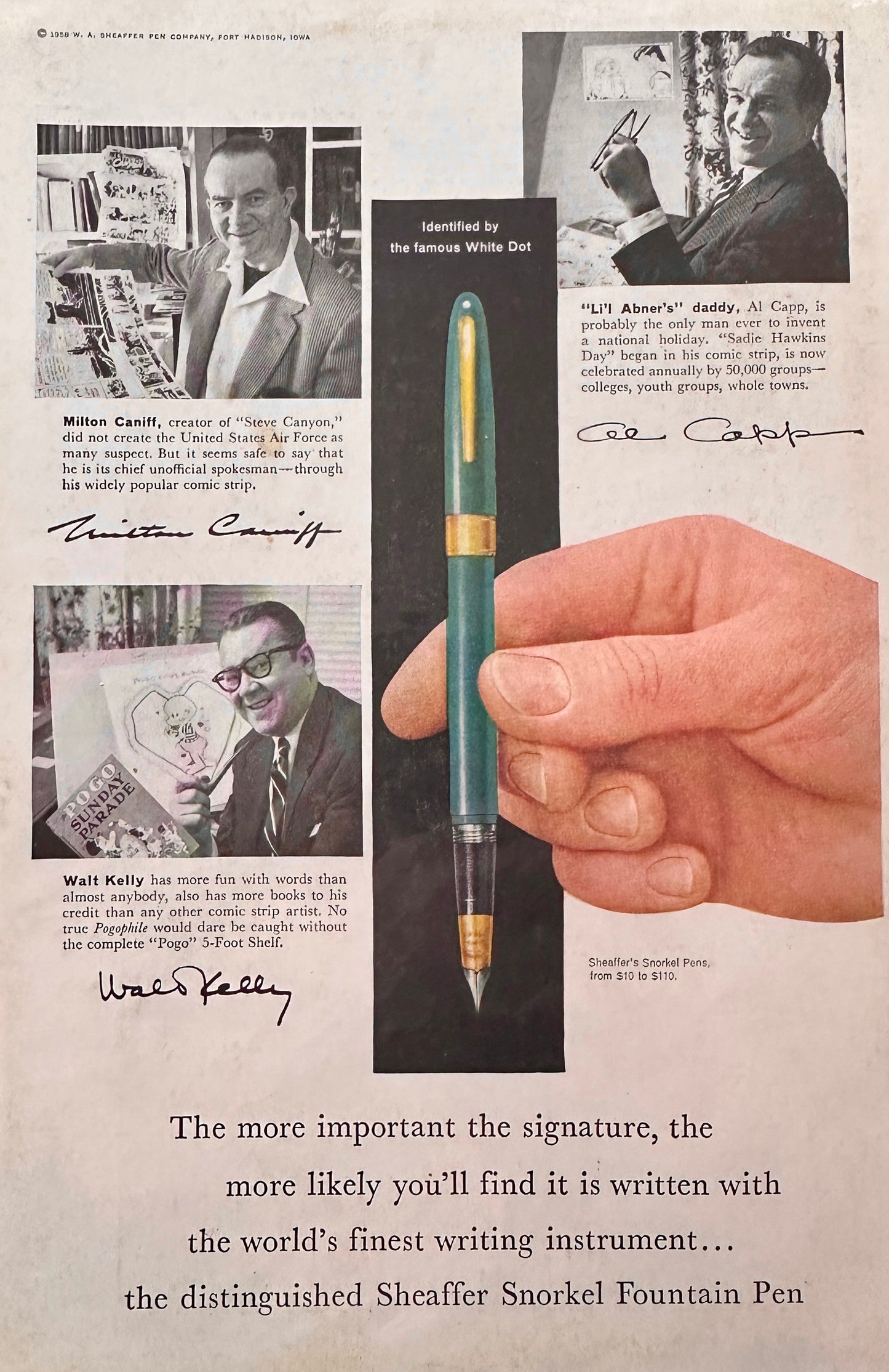 1958 Sheaffer White Dot Snorkel Pens Used by Famous Cartoonists N851