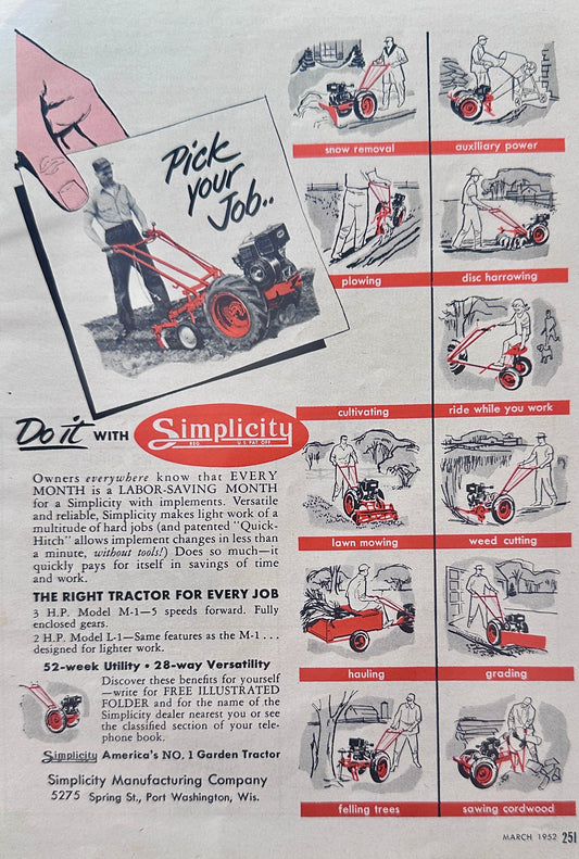 1952 Simplicity tractor - Pick Your Job Vintage Ad N859
