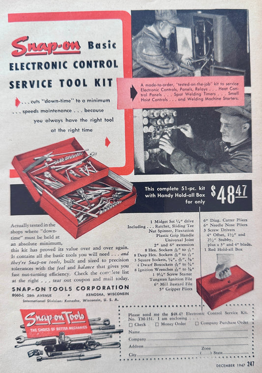 1947 Snap-On Basic Electronic Control Service Tool Kit - Vintage Ad N866