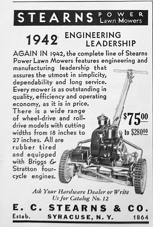 1942 Stearns Power Lawn Mowers - Syracuse, NY - Vintage Ad N874