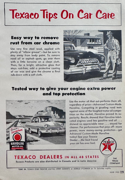 1955 Texaco Tips on Car Care Remove Rust from Car Chrome Vintage Ad N890