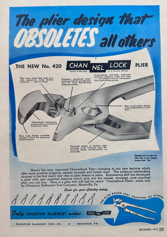 1952 Channel Lock Plier The Design that Obsoletes all Others N206
