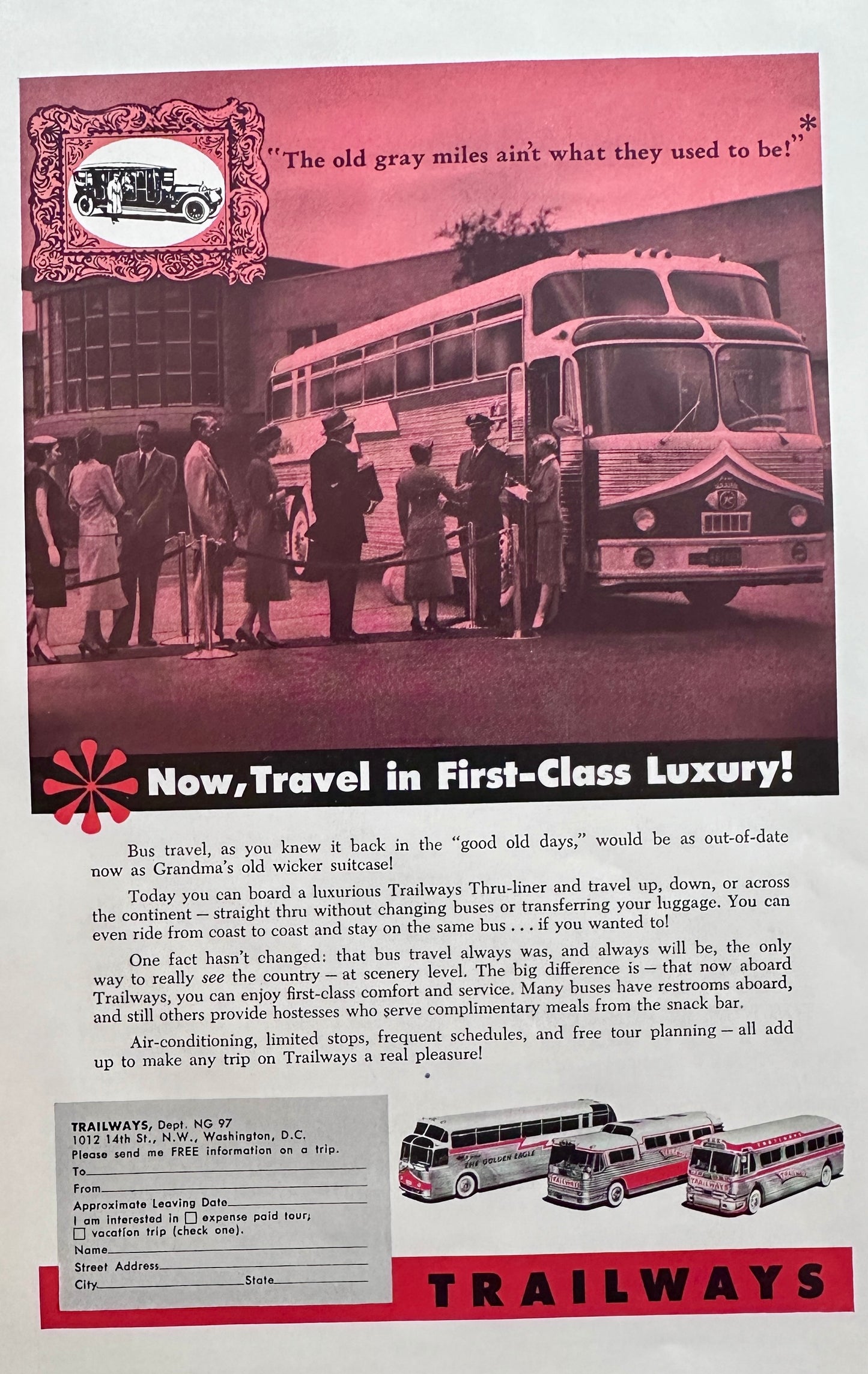 1957 Trailways Travel in First Class Luxury For your Next Vacation Vintage Ad N902