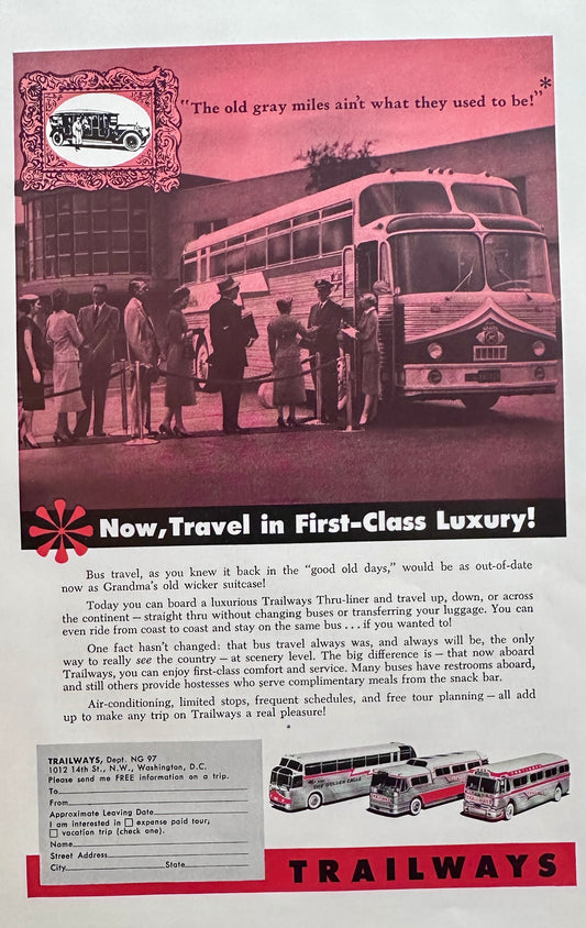 1957 Trailways Travel in First Class Luxury For your Next Vacation Vintage Ad N902