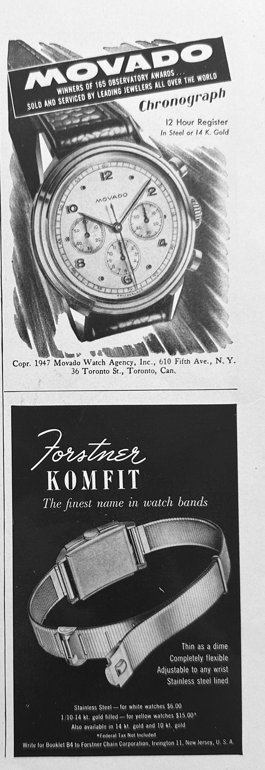 1947 Movado Chronograph Wristwatch & Forstner Komfit Watch Band Ads N678