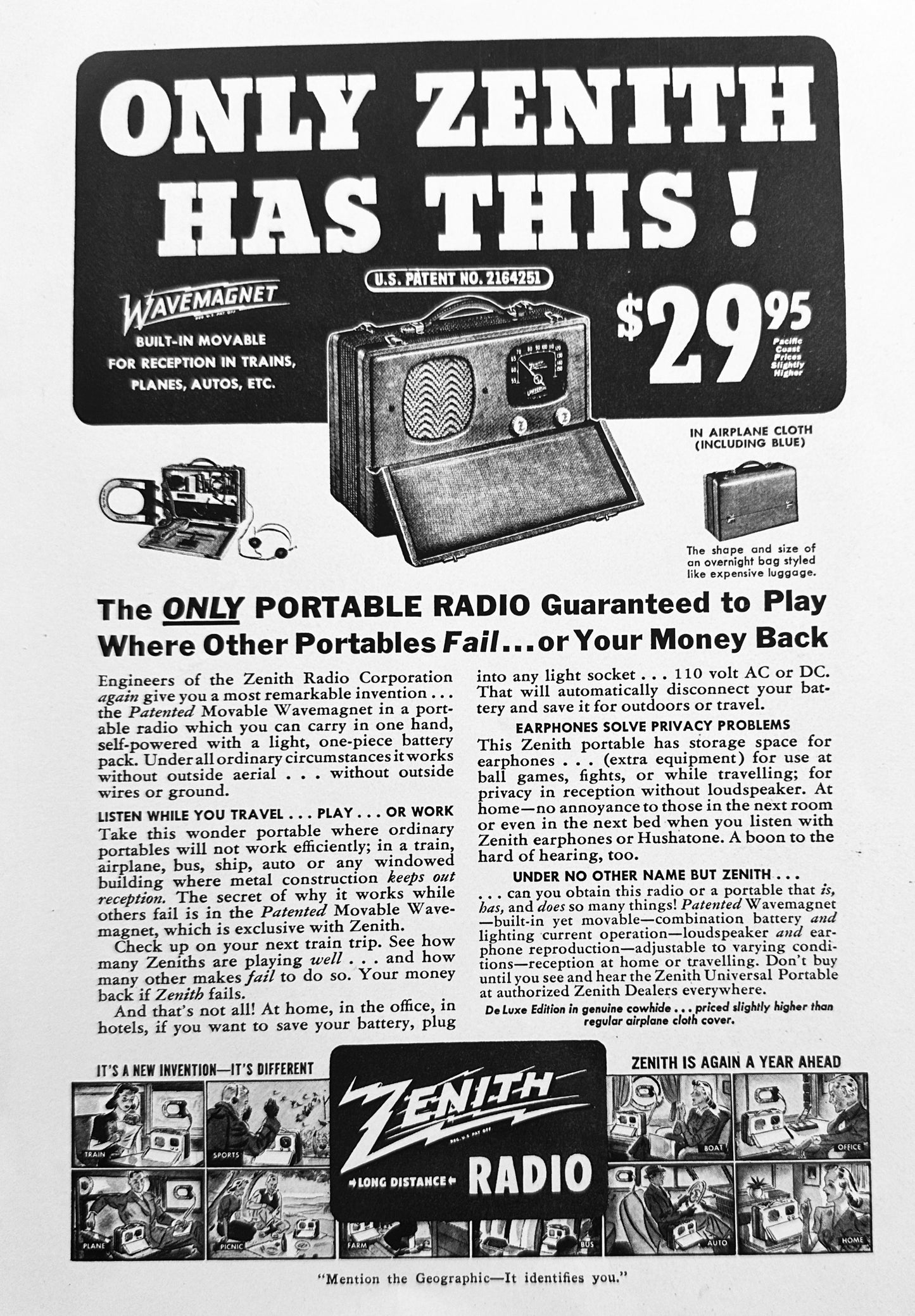 1940 Zenith Portable Wavemagnet Radio in Airplane Cloth with Headphones N957