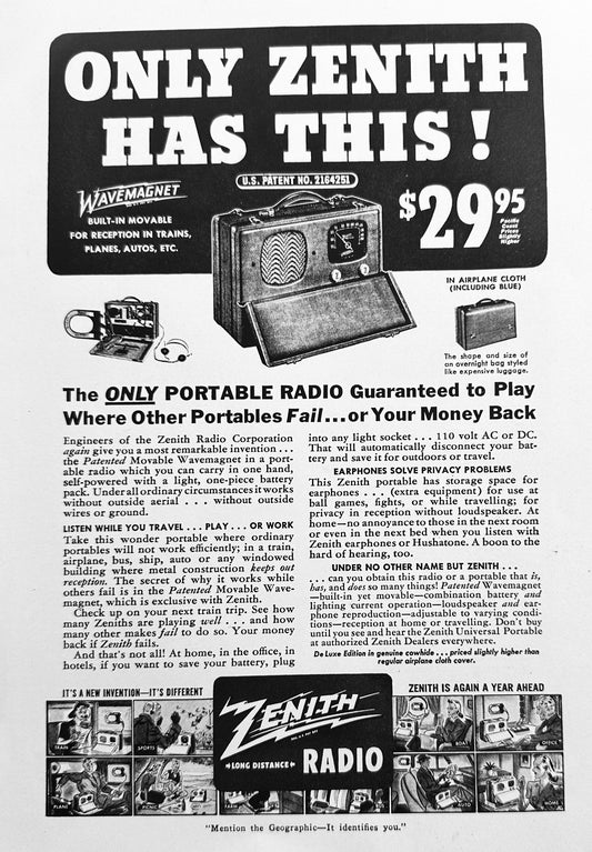 1940 Zenith Portable Wavemagnet Radio in Airplane Cloth with Headphones N957