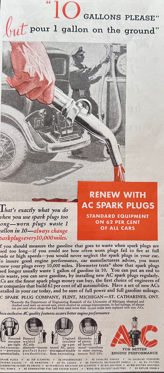 1932 AC Spark Plug Early Vintage Ad - 10 Gallons Please S1