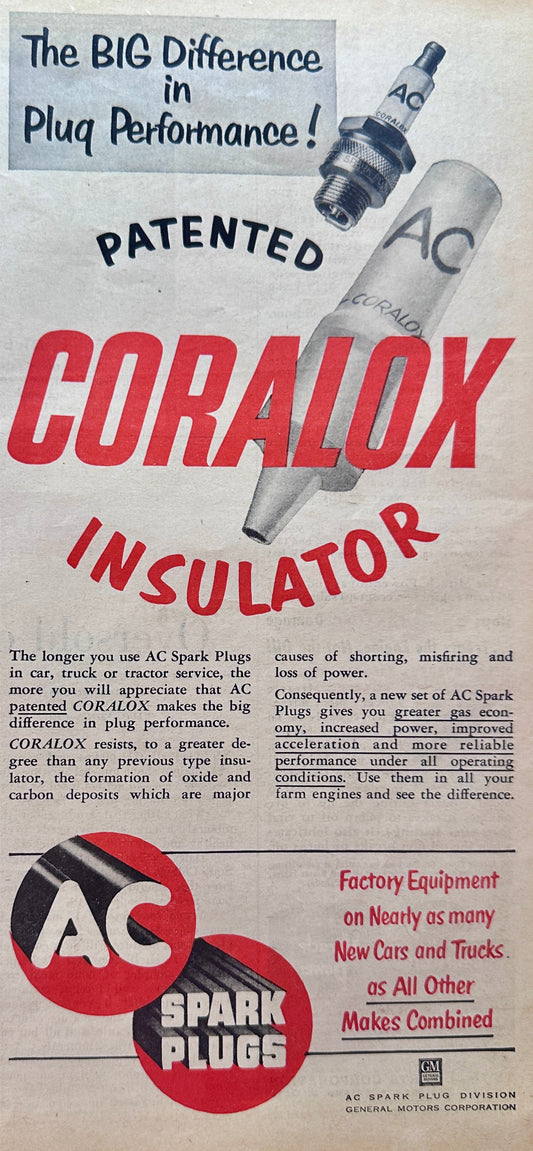 1952 AC Spark Plugs Patented Coralox Insulator S8