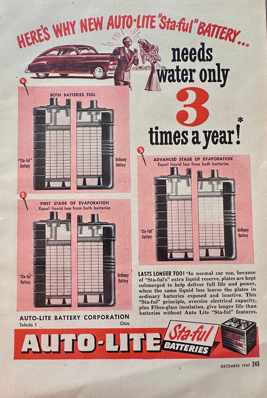 1947 Auto-Lite Sta-ful Car Batteries Need Water only 3x/year S87
