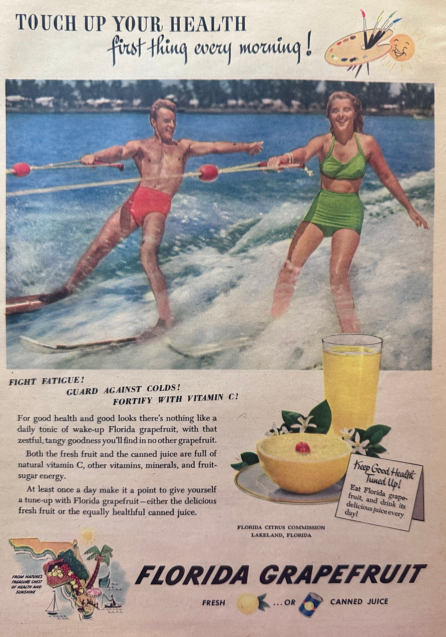 1949 Florida Grapefruit Juice - Water Skiing - Vintage Ad N394