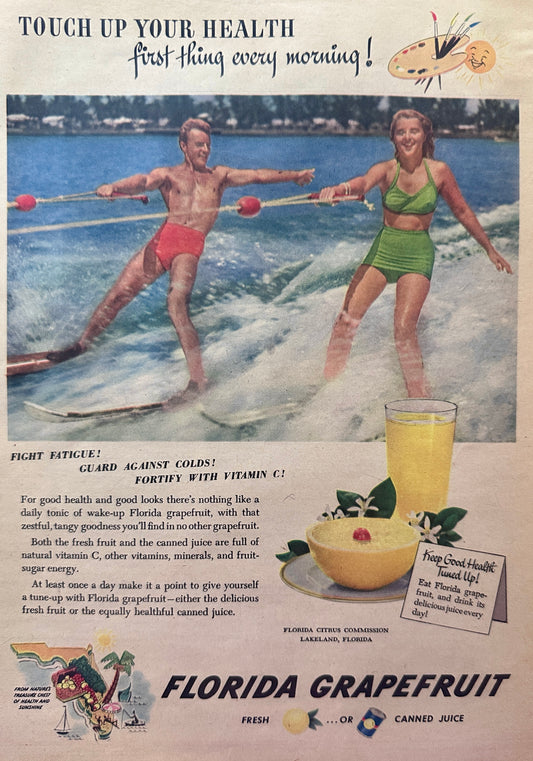 1949 Florida Grapefruit Juice - Water Skiing - Vintage Ad N394
