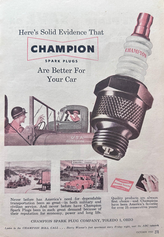 1951 Solid Evidence that Champion Spark Plugs Are Better for Your Car N188