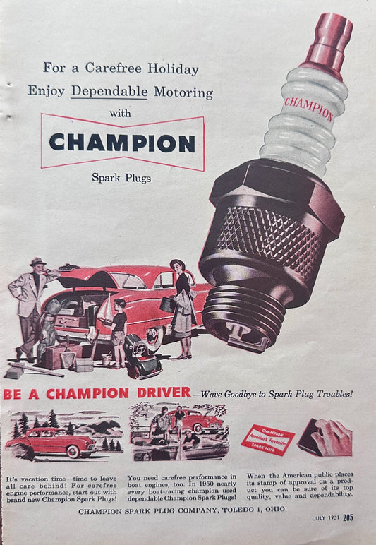1951 Be A Carefree Champion Driver with Champion Spark Plugs N186