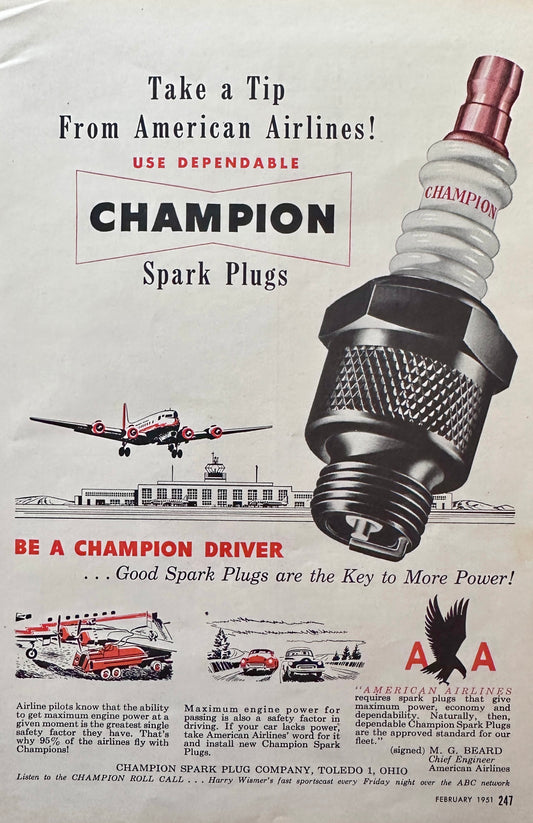 1951 Champion Spark Plugs - take a Tip From American Airlines N187