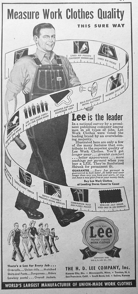 1948 Lee Work Clothes - Lee is the Leader - Vintage Ad N222