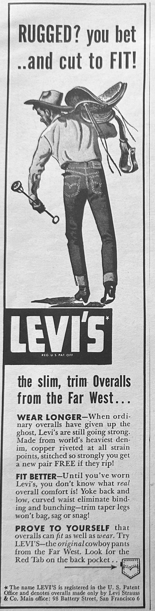 1949 Levi's Jeans - Rugged? You Bet ... and cut to fit! Vintage Ad N223