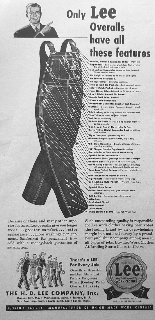 1949 Lee Overalls Have All these Features - Vintage Ad N225