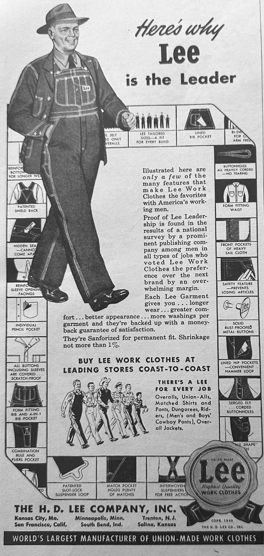 1949 Here's Why Lee is the Leader in Men's Work Clothes Vintage Ad N226
