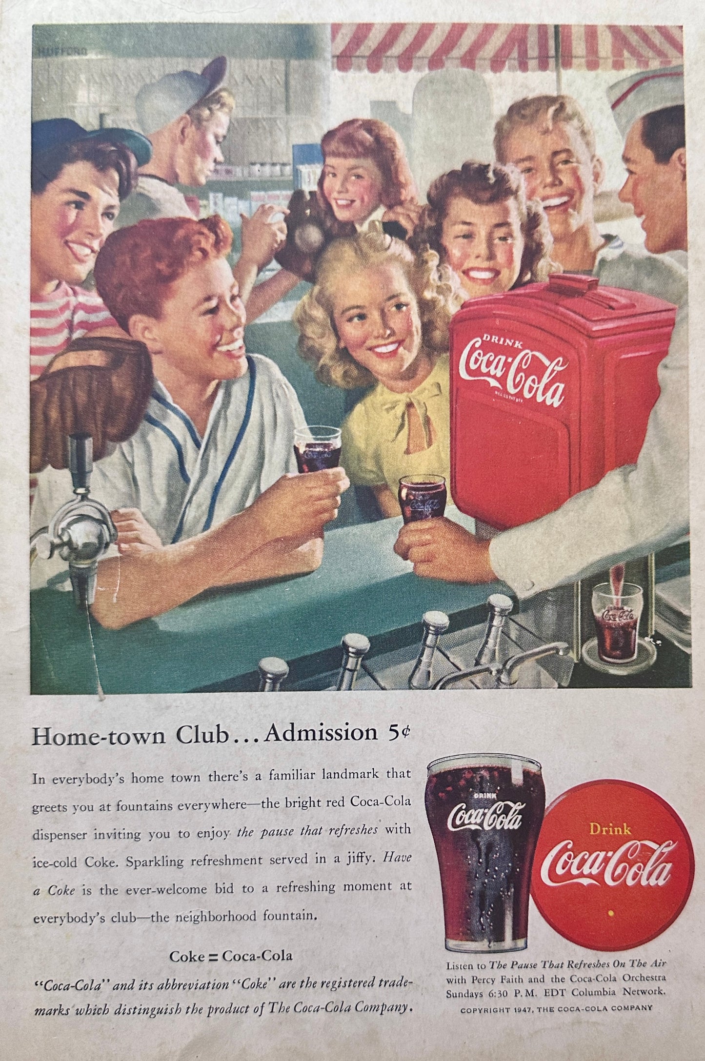 1947 Coca-Cola (Coke) Home Town Club - Admission 5 Cents Vintage Ad N248