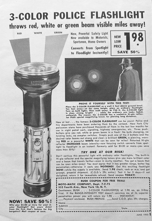 1955 Police Flashlight By Moto-Matic  Company New York NY N367